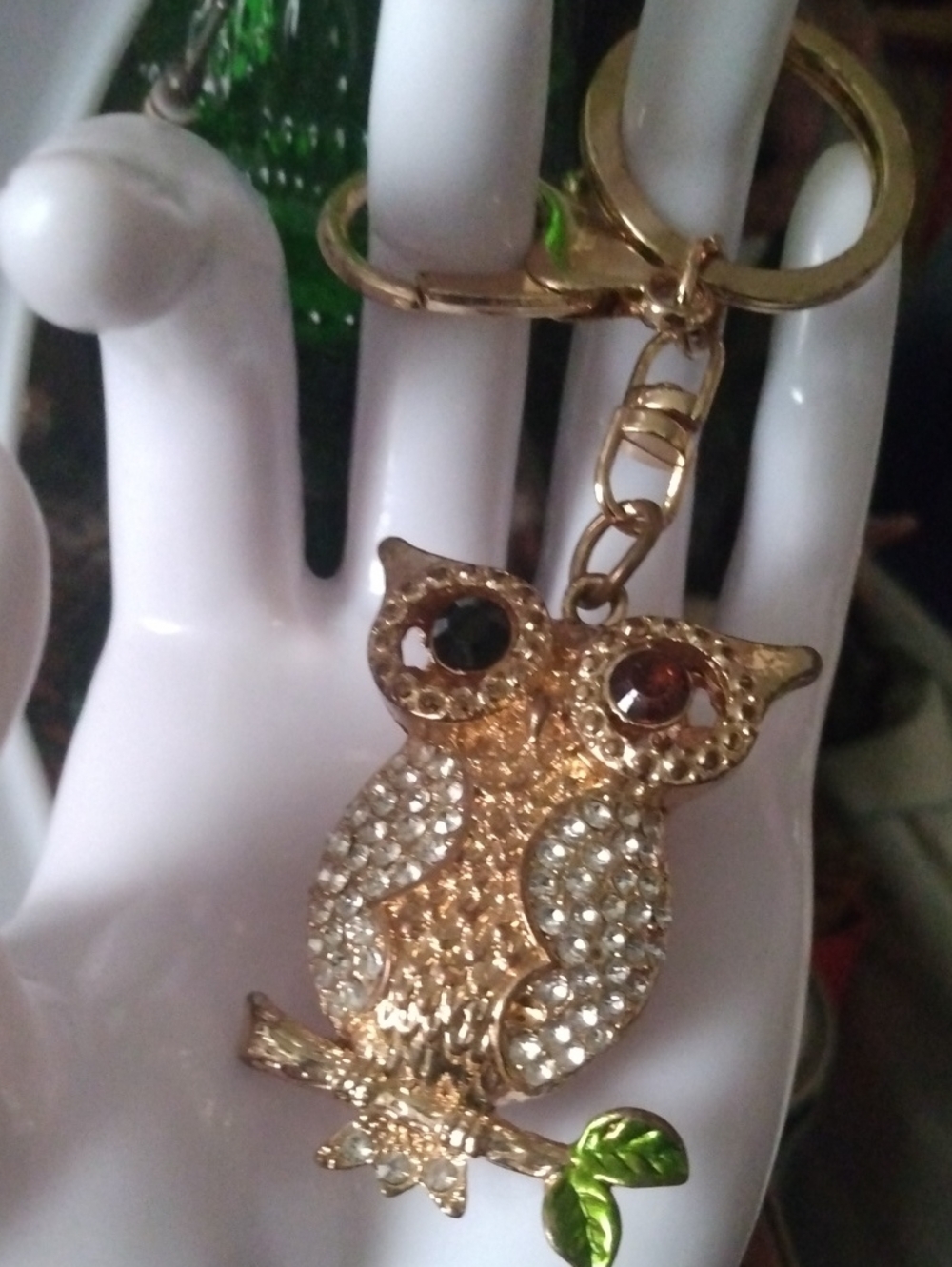 Gold Owl Crystal Keychain with Green Leaf Accent